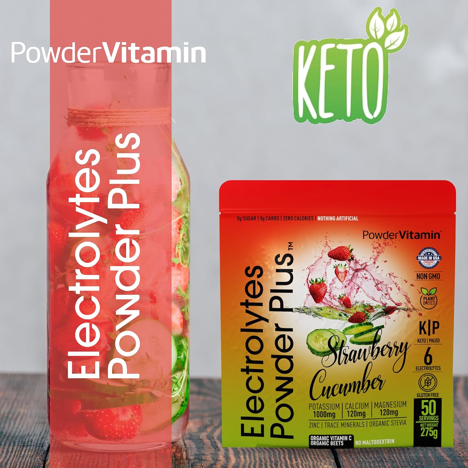 Hydration Powder with Electrolytes, 0 Calorie Keto-Friendly Powder Plus, 50 Servings - Strawberry Cucumber Flavor