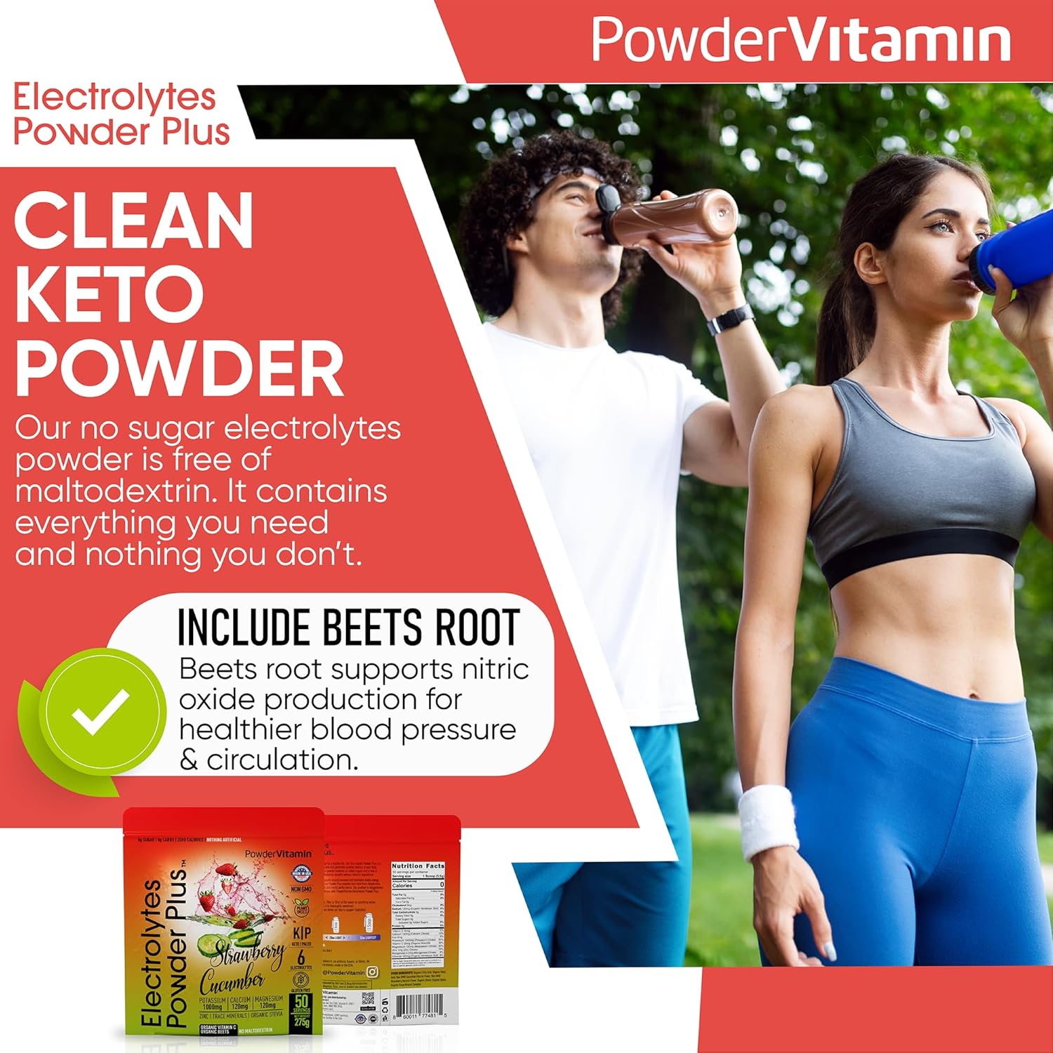 Hydration Powder with Electrolytes, 0 Calorie Keto-Friendly Powder Plus, 50 Servings - Strawberry Cucumber Flavor