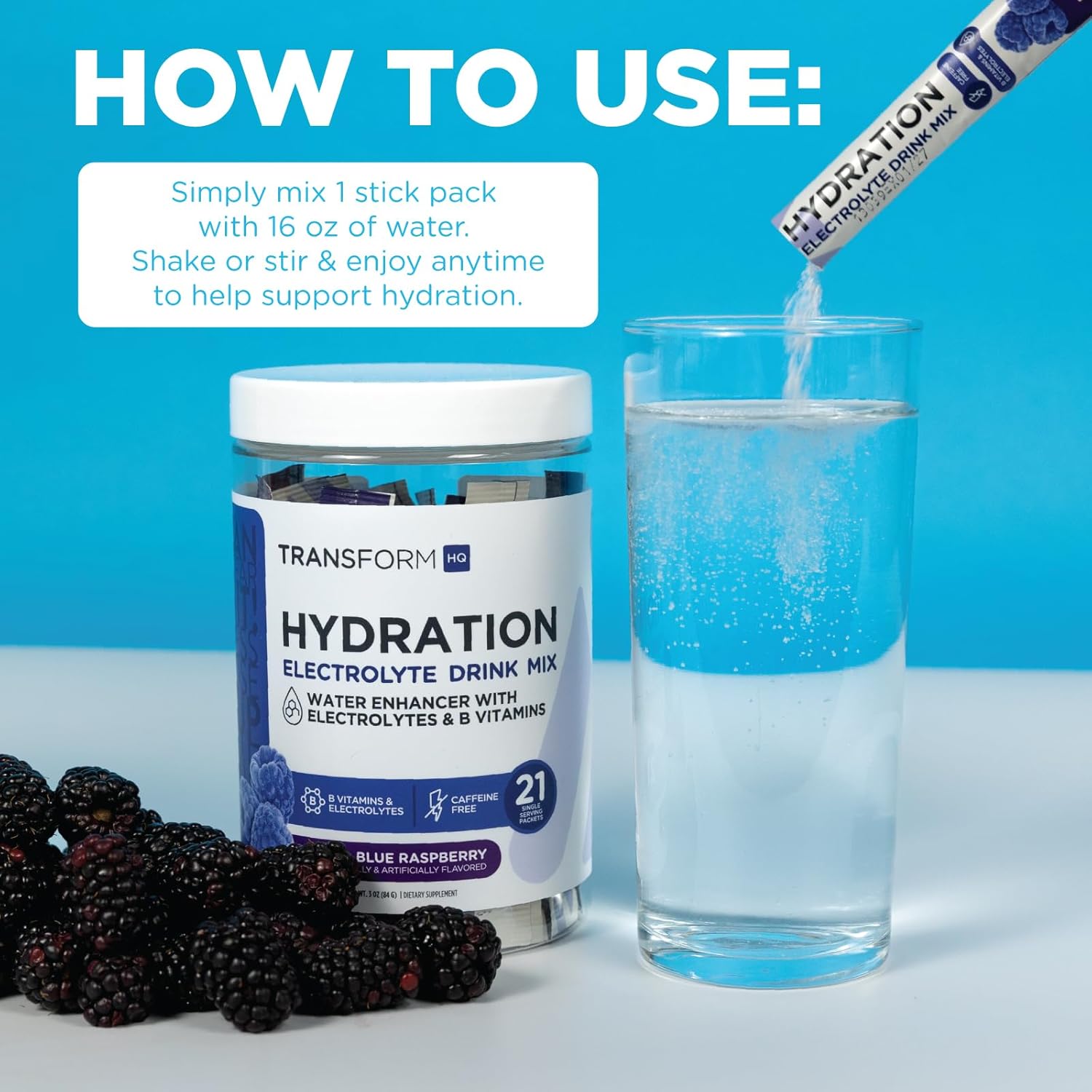 Hydration Supplement Blend with Vitamins and Electrolytes - TransformHQ Fruit Punch Drink Mix, 21 Single-Serving Packets