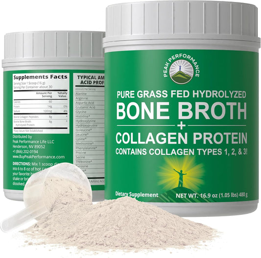 Hydrolyzed Bone Broth & Collagen Protein Peptides Powder - All Types 1, 2, & 3 - Grass Fed, Paleo, Gluten & Dairy Free