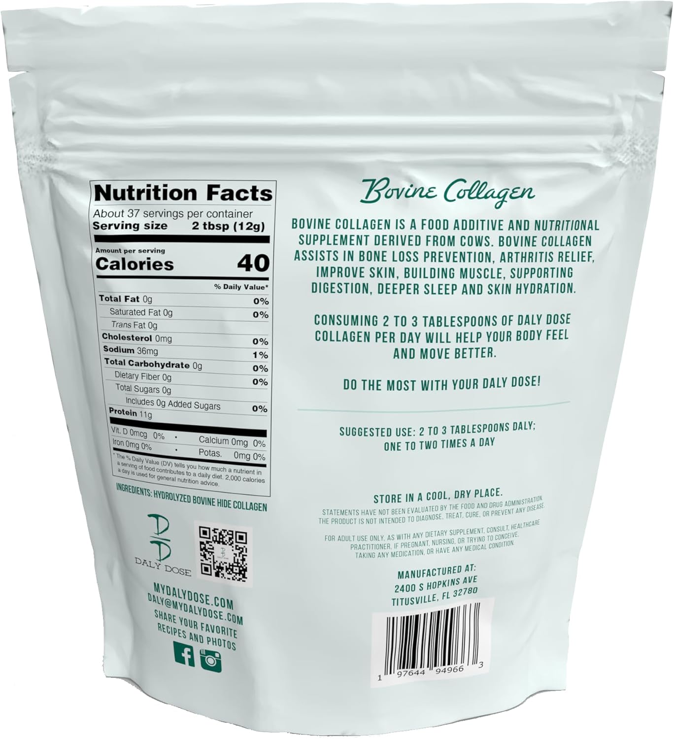 Hydrolyzed Bovine Collagen Powder, 1 lb Bag - Unflavored, 12g Protein, Type I & III, Keto/Paleo Friendly - Grass-fed Beef from Daly Dose