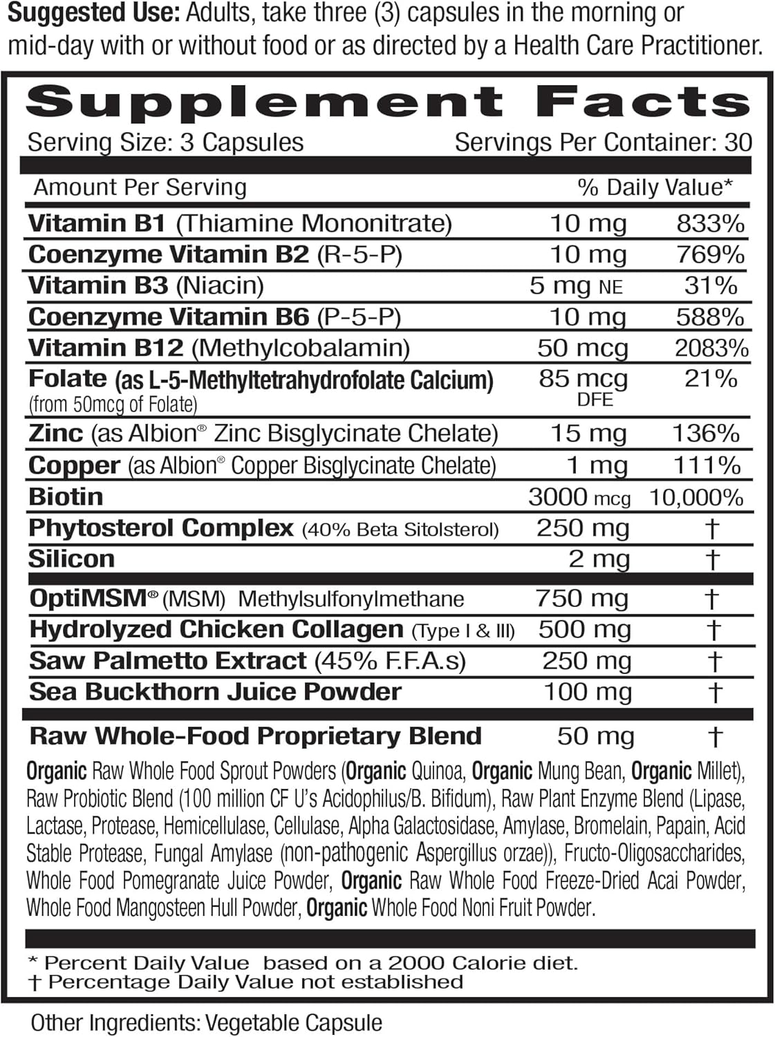 Hydrolyzed Collagen Capsules with Saw Palmetto & Beta-Sitosterol for Hair, Skin, Nails - Immune & Adrenal Support - 90 Veg Caps (30-Day Supply)