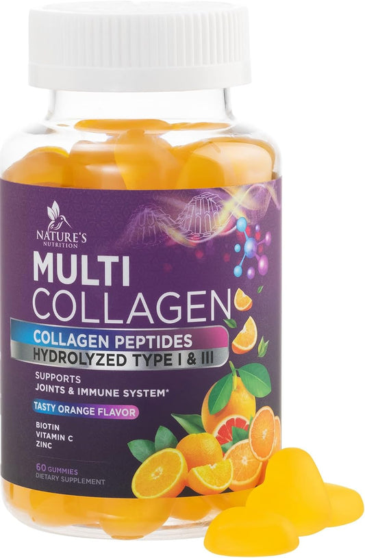 Hydrolyzed Collagen Gummies with Biotin, Vitamin C, and Zinc - Type 1 & 3 Multi Collagen Peptides - Hair, Skin, Nails, Joints Support - Orange Flavored - 60 Count