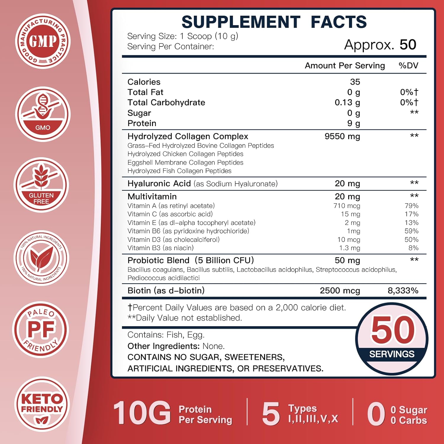 Hydrolyzed Collagen Peptide Powder with Probiotics, Hyaluronic Acid, Biotin & Multivitamins - Skin, Hair, Nails Support - 50 Servings