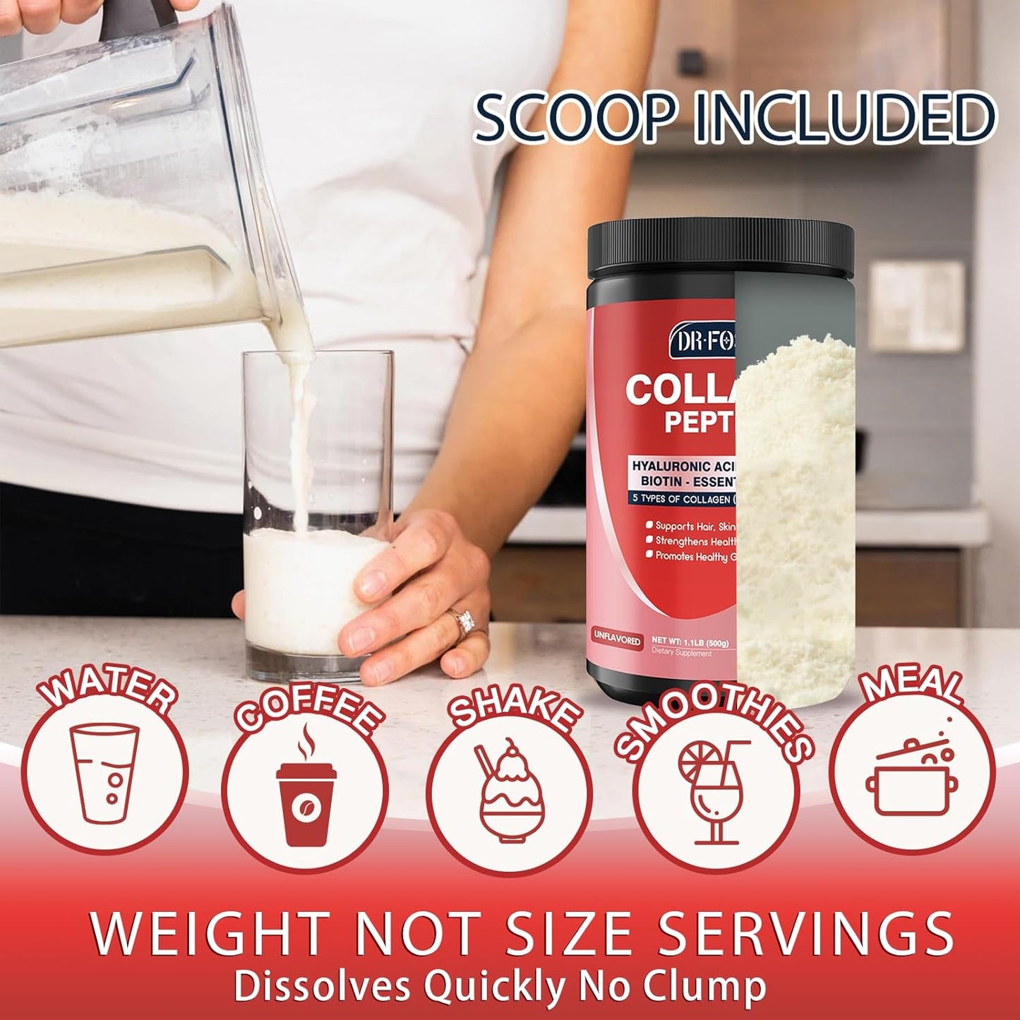 Hydrolyzed Collagen Peptide Powder with Probiotics, Hyaluronic Acid, Biotin & Multivitamins - Skin, Hair, Nails Support - 50 Servings