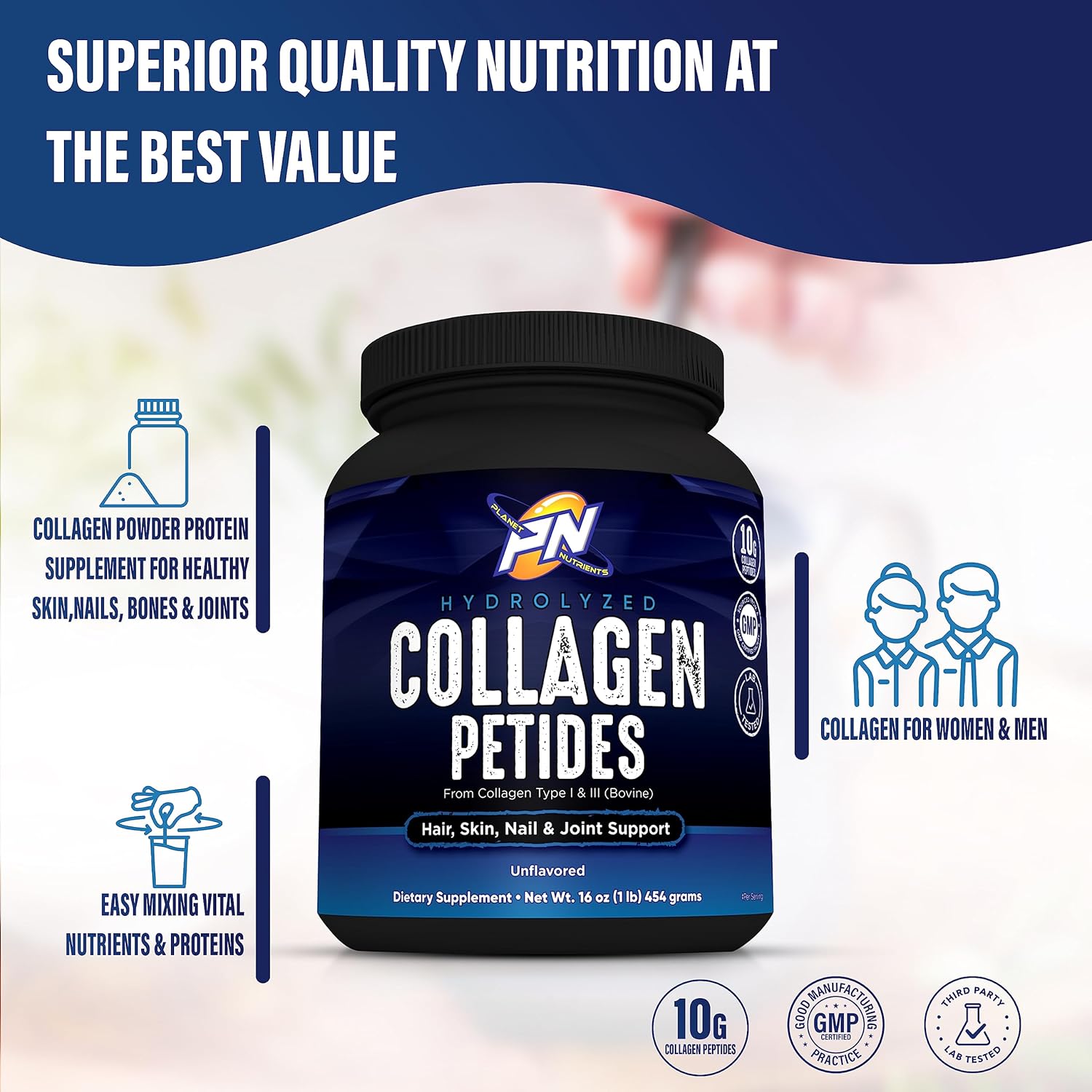 Hydrolyzed Collagen Peptides - Type I & III Vitamins for Hair, Skin, Nails, and Joints by Planet Nutrients