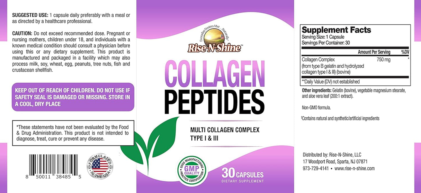 Hydrolyzed Collagen Peptides Complex Supplements for Hair, Skin, Nails, and Joints - 30 Capsules (30-Day Supply)