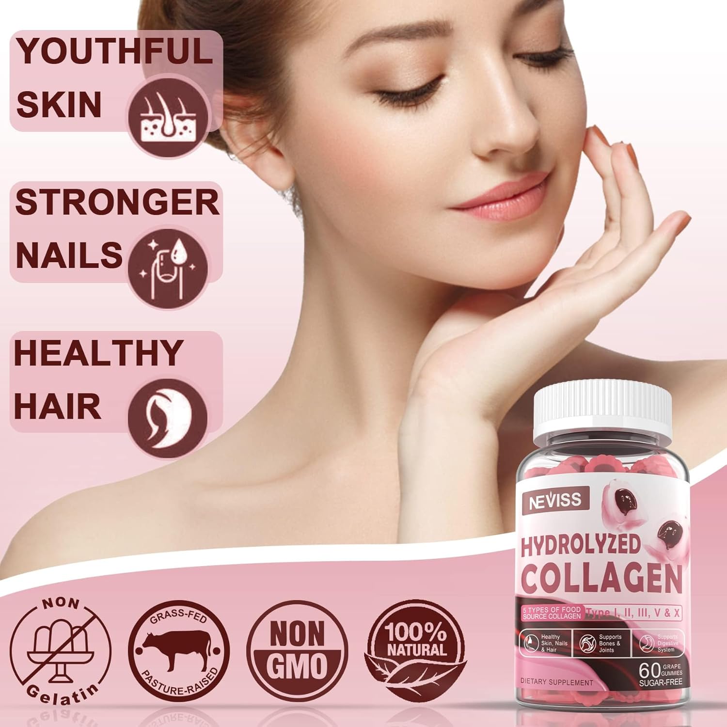 Hydrolyzed Collagen Peptides Gummies 800mg - Sugar Free, Multi Peptides Type I II III V & X with Biotin, Keratin & Vitamin for Healthy Skin, Hair, Nails, Bones & Joints - 2 Pack