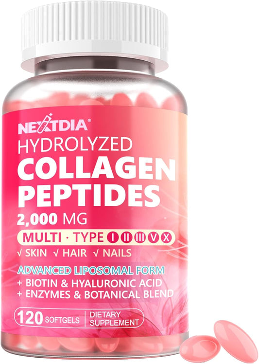 Hydrolyzed Collagen Peptides Pills for Women 2000mg - Type I, II, III, V, X - Multi Collagen Softgels with Hair, Skin & Nails Vitamins - 120 Count