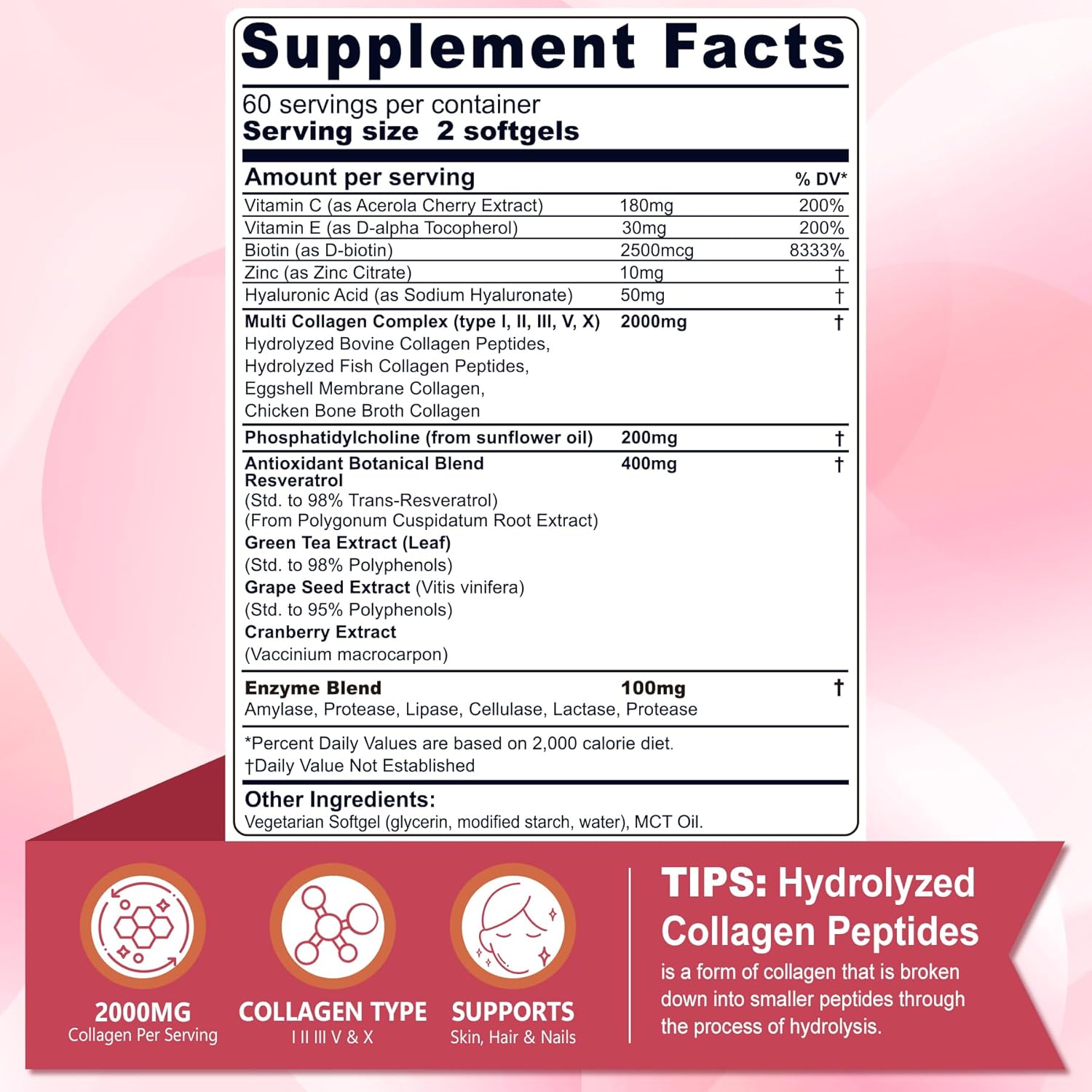 Hydrolyzed Collagen Peptides Pills for Women 2000mg - Type I, II, III, V, X - Multi Collagen Softgels with Hair, Skin & Nails Vitamins - 120 Count