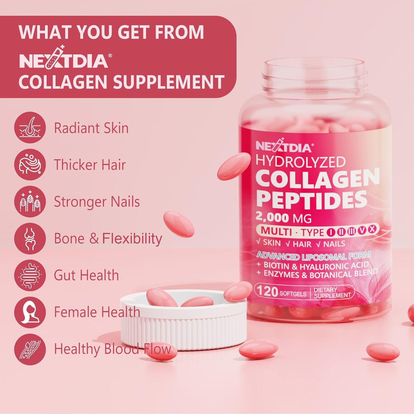 Hydrolyzed Collagen Peptides Pills for Women 2000mg - Type I, II, III, V, X - Multi Collagen Softgels with Hair, Skin & Nails Vitamins - 120 Count