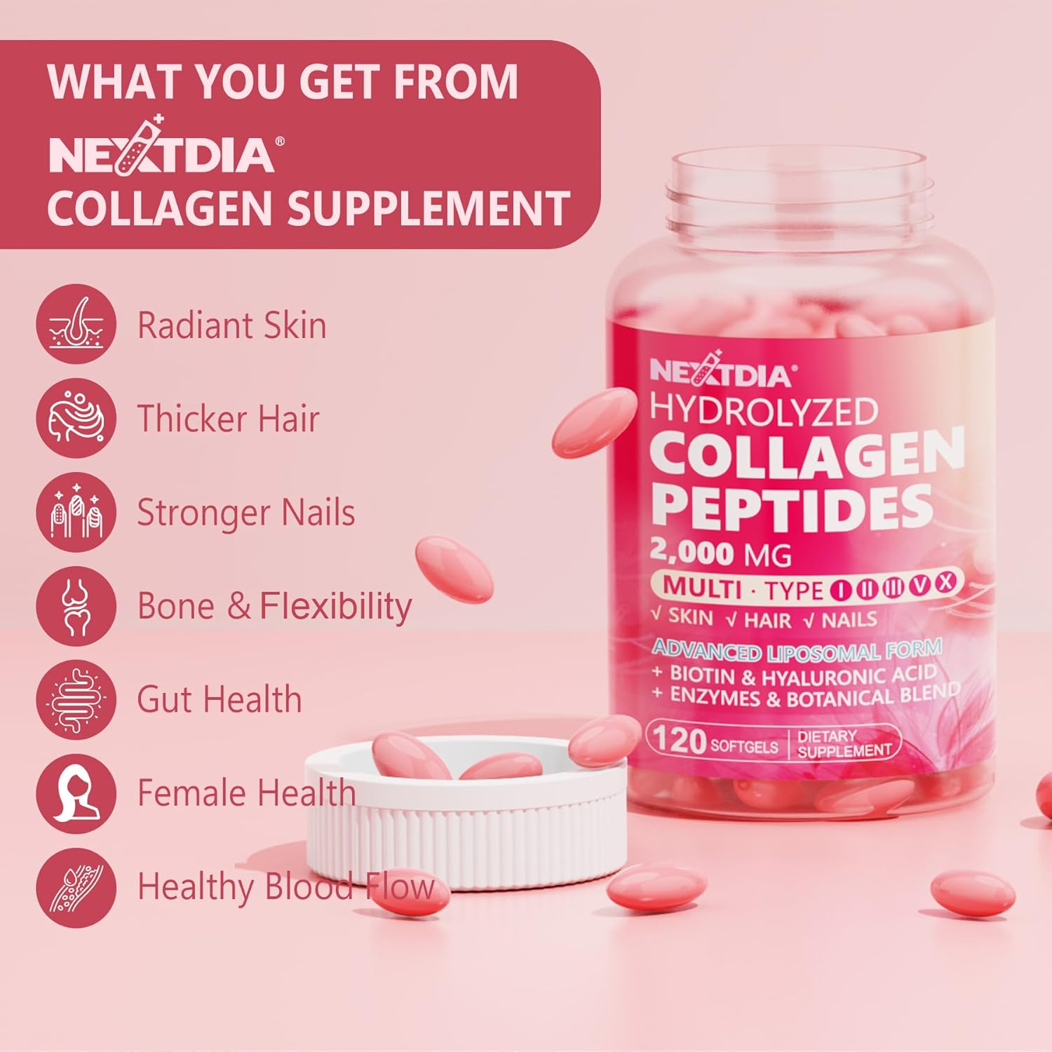 Hydrolyzed Collagen Peptides Pills for Women 2000mg - Type I, II, III, V, X - Multi Collagen Softgels with Hair, Skin & Nails Vitamins - 120 Count