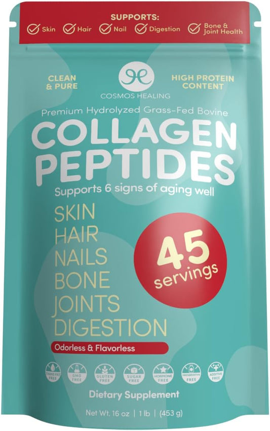 Hydrolyzed Collagen Peptides Powder - Grass Fed - 16oz - Skin, Hair, Nails, Muscle, Bone, Joint, & Gut Health - Easy Mix - Unflavored - Non GMO - Keto & Paleo Friendly