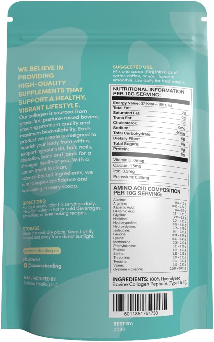 Hydrolyzed Collagen Peptides Powder - Grass Fed - 16oz - Skin, Hair, Nails, Muscle, Bone, Joint, & Gut Health - Easy Mix - Unflavored - Non GMO - Keto & Paleo Friendly