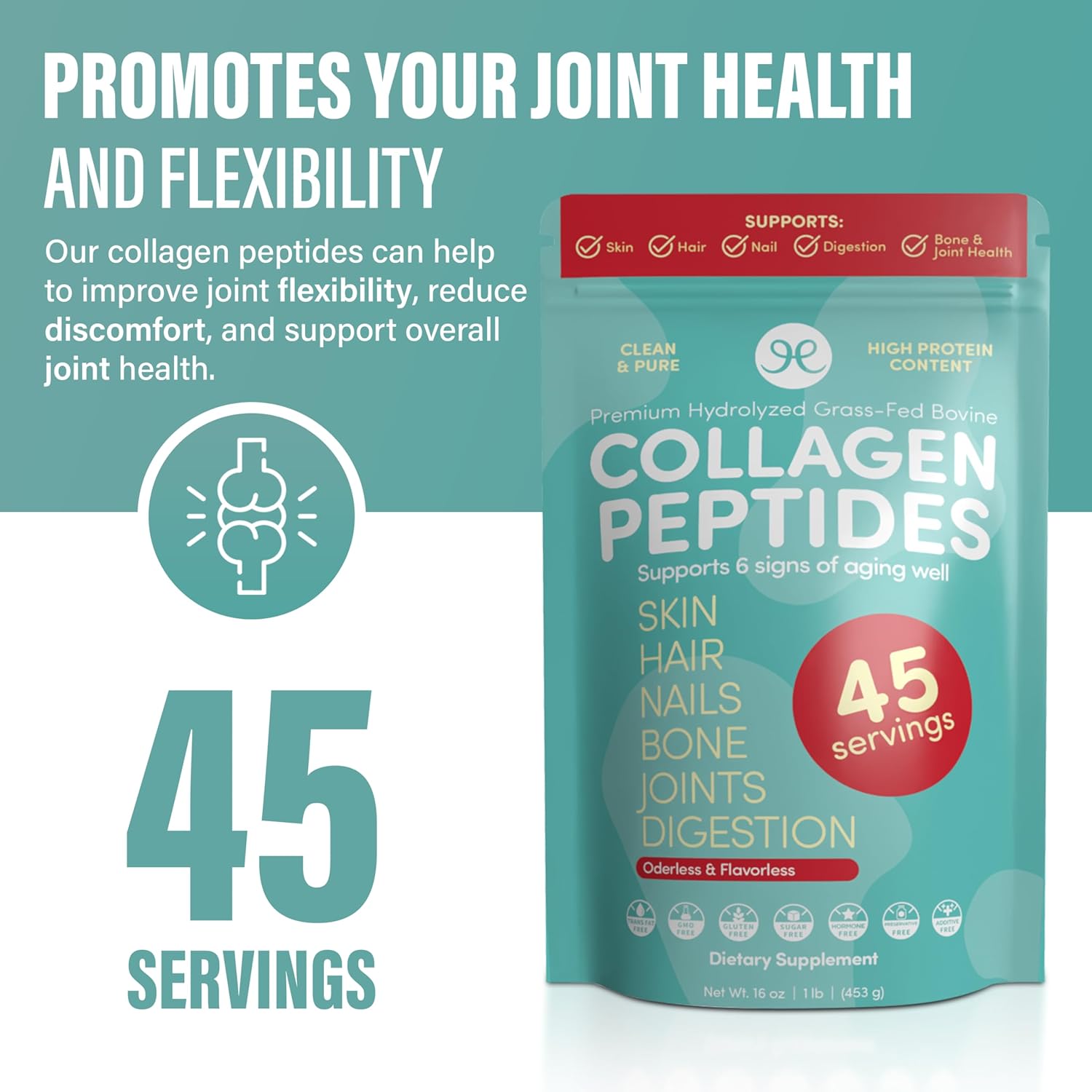 Hydrolyzed Collagen Peptides Powder - Grass Fed - 16oz - Skin, Hair, Nails, Muscle, Bone, Joint, & Gut Health - Easy Mix - Unflavored - Non GMO - Keto & Paleo Friendly