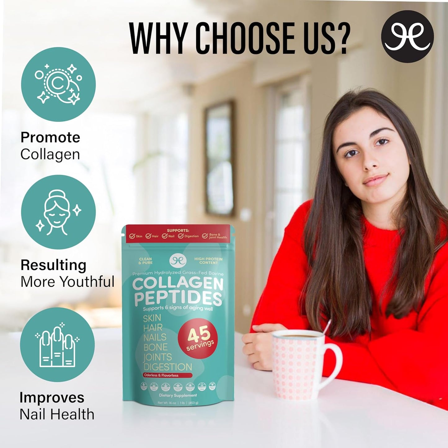 Hydrolyzed Collagen Peptides Powder - Grass Fed - 16oz - Skin, Hair, Nails, Muscle, Bone, Joint, & Gut Health - Easy Mix - Unflavored - Non GMO - Keto & Paleo Friendly
