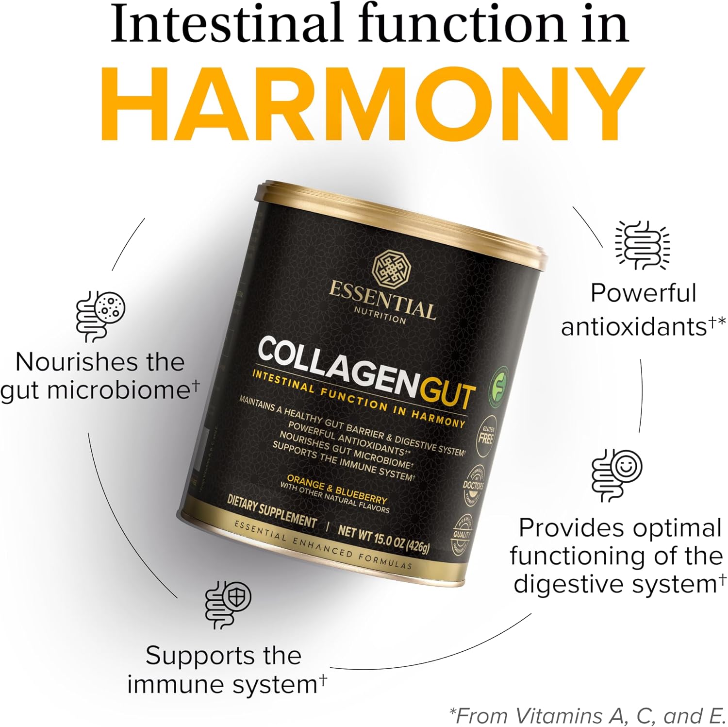 Hydrolyzed Collagen Peptides Powder for Gut Health - Orange & Blueberry Flavor - 15oz - 20 Servings
