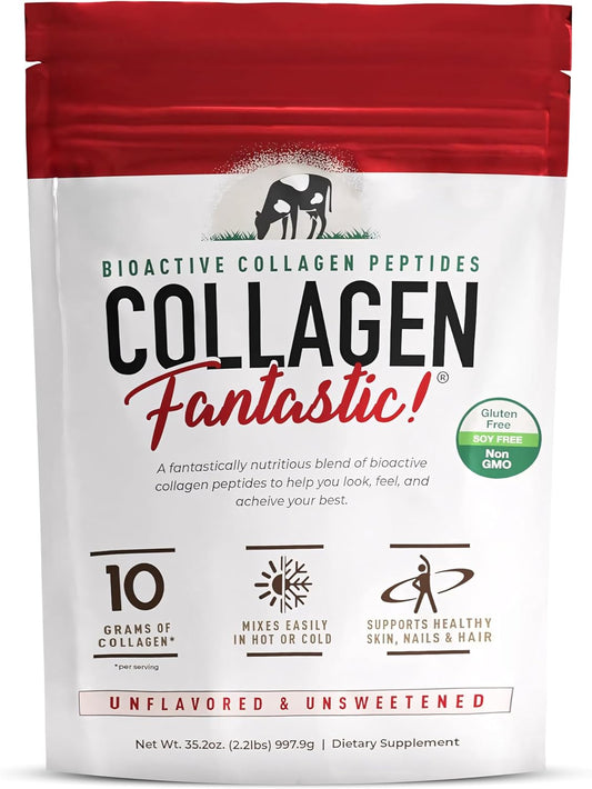 Hydrolyzed Collagen Peptides Powder for Joint, Bone & Skin Support - Grass Fed Bovine Protein Powder (90 Servings, 2.2 Lb)