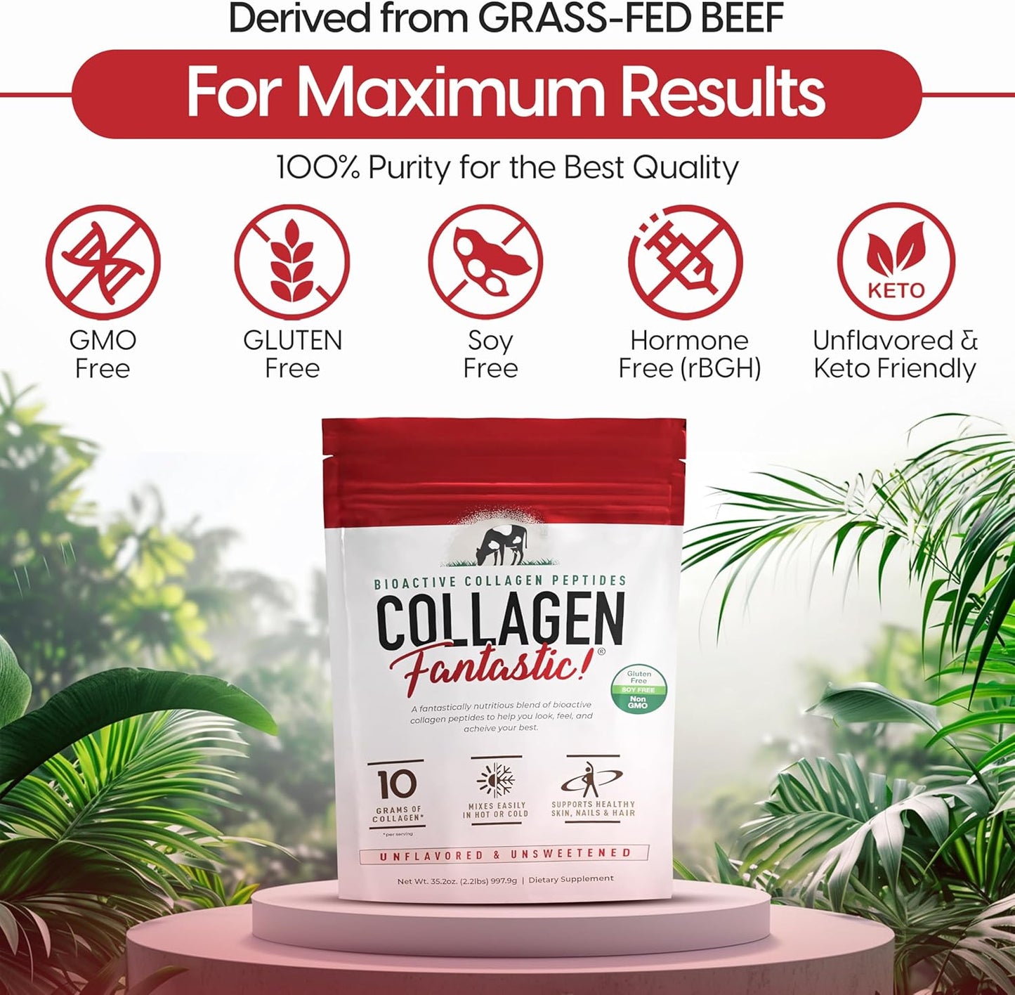 Hydrolyzed Collagen Peptides Powder for Joint, Bone & Skin Support - Grass Fed Bovine Protein Powder (90 Servings, 2.2 Lb)