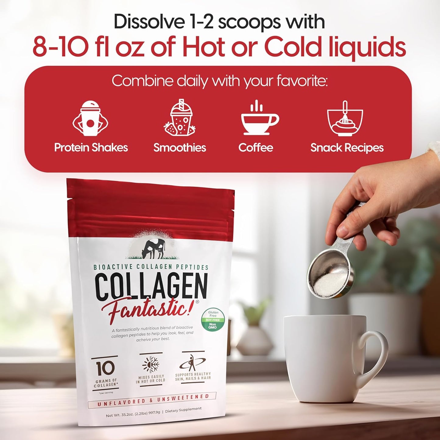 Hydrolyzed Collagen Peptides Powder for Joint, Bone & Skin Support - Grass Fed Bovine Protein Powder (90 Servings, 2.2 Lb)