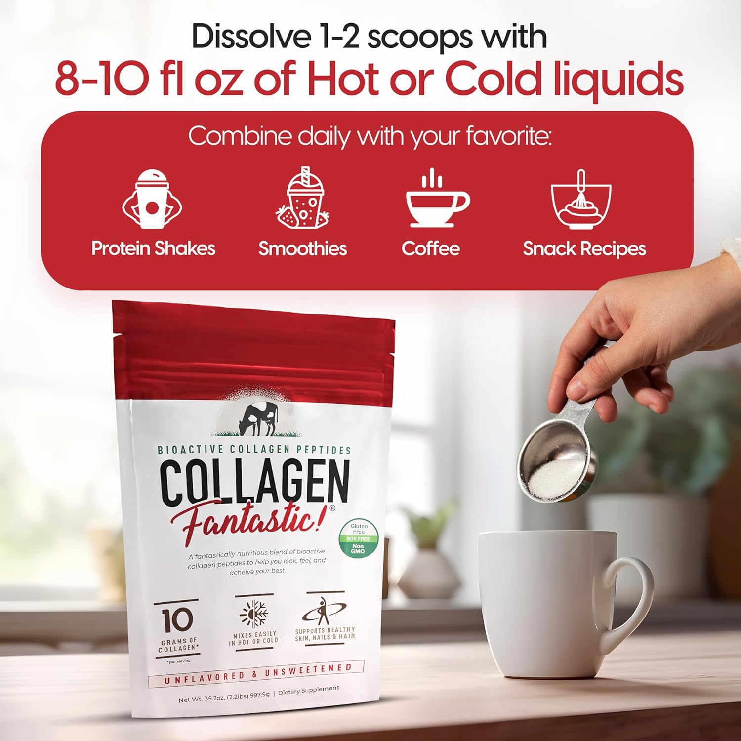 Hydrolyzed Collagen Peptides Powder for Joint, Bone & Skin Support - Grass Fed Bovine Protein Powder (90 Servings, 2.2 Lb)