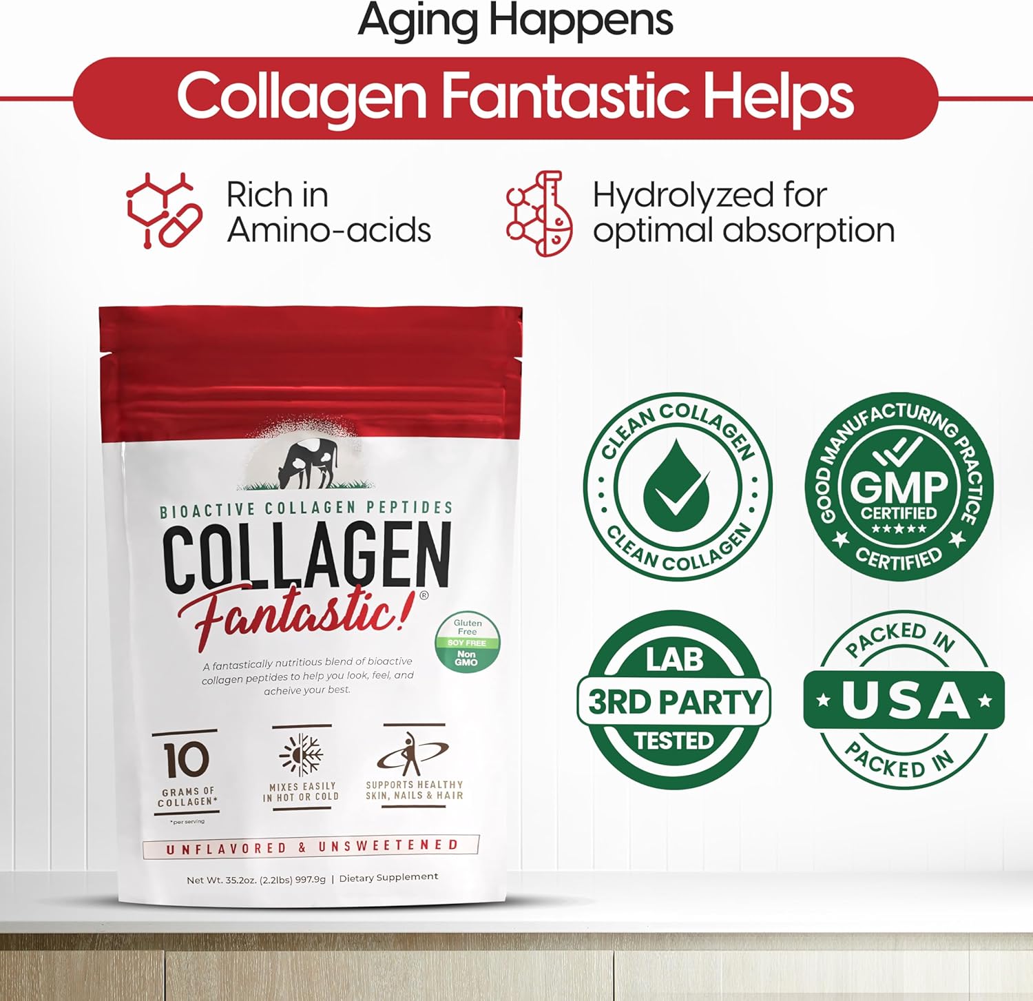 Hydrolyzed Collagen Peptides Powder for Joint, Bone & Skin Support - Grass Fed Bovine Protein Powder (90 Servings, 2.2 Lb)
