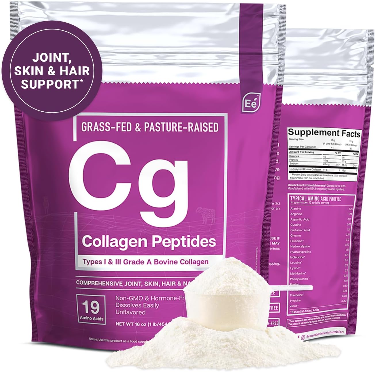 Hydrolyzed Collagen Peptides Powder for Joint, Skin, Hair, and Nail Support - Non-GMO, Grass-Fed Supplement with Essential Elements