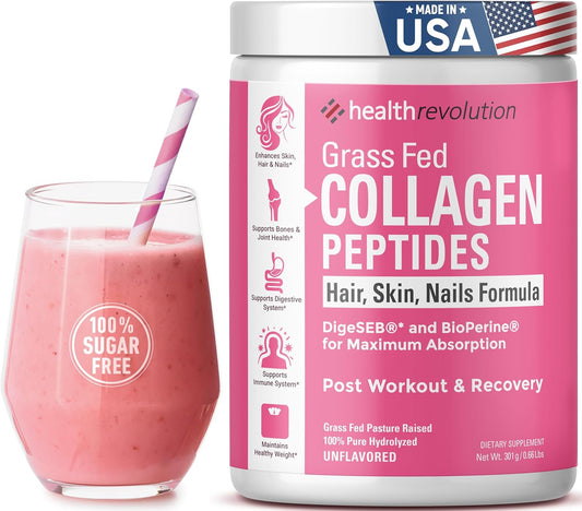 Hydrolyzed Collagen Peptides Powder for Skin, Hair, Nails & Joints - Grass-Fed with Probiotics, Enzymes - Non-GMO, Gluten-Free - 35 Servings