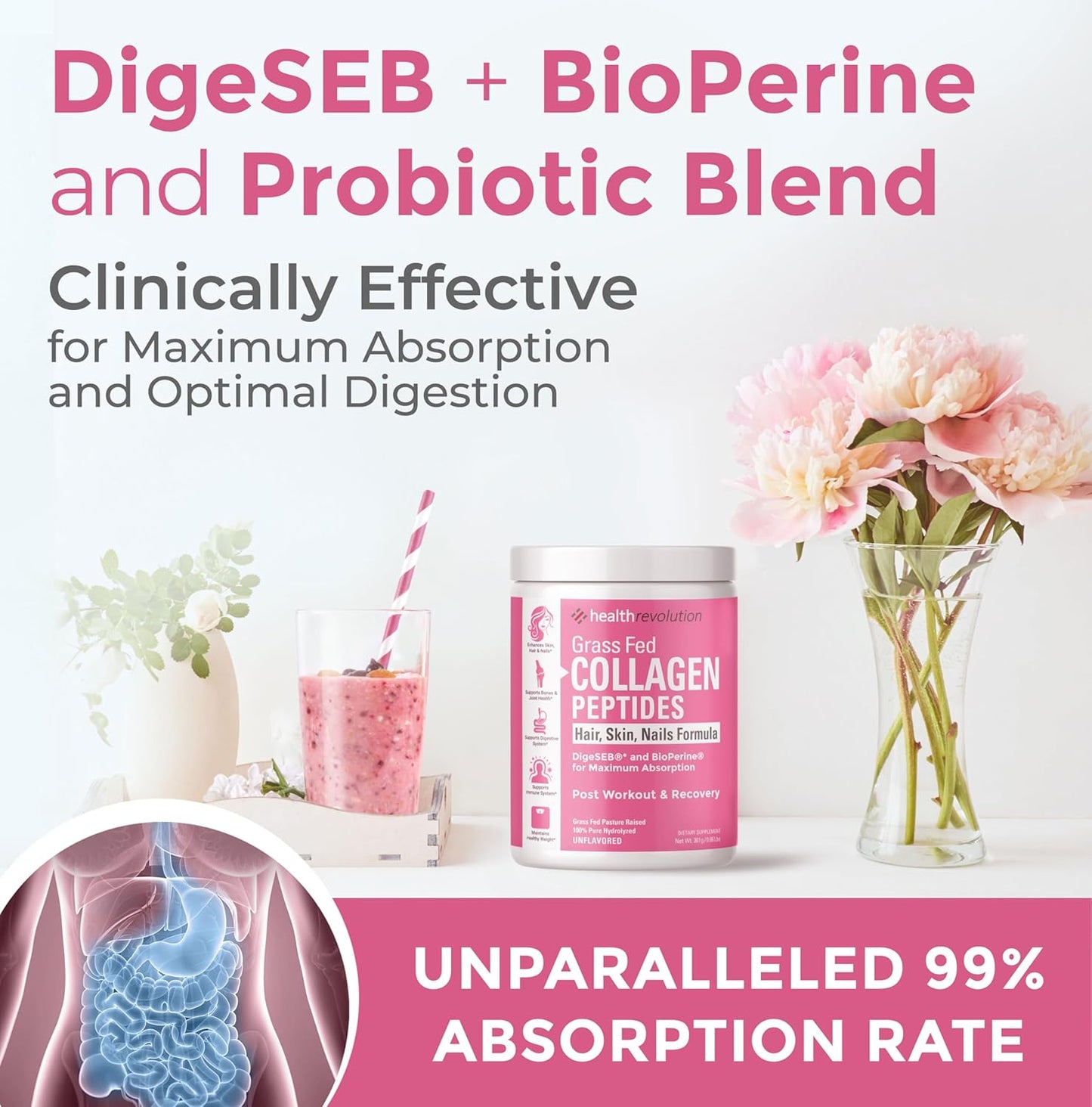 Hydrolyzed Collagen Peptides Powder for Skin, Hair, Nails & Joints - Grass-Fed with Probiotics, Enzymes - Non-GMO, Gluten-Free - 35 Servings