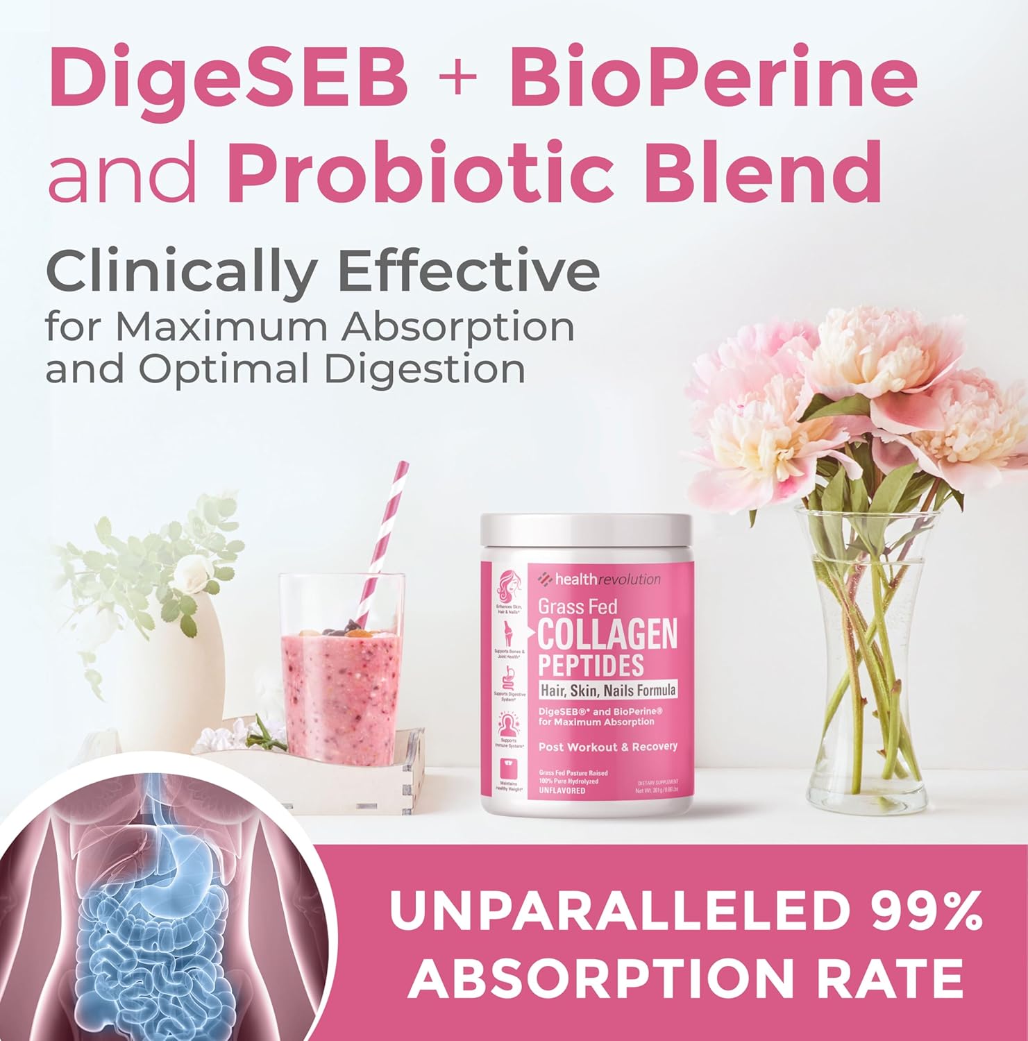Hydrolyzed Collagen Peptides Powder for Skin, Hair, Nails & Joints - Grass-Fed with Probiotics, Enzymes - Non-GMO, Gluten-Free - 35 Servings