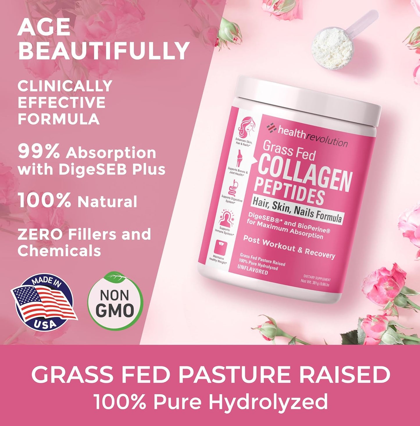 Hydrolyzed Collagen Peptides Powder for Skin, Hair, Nails & Joints - Grass-Fed with Probiotics, Enzymes - Non-GMO, Gluten-Free - 35 Servings