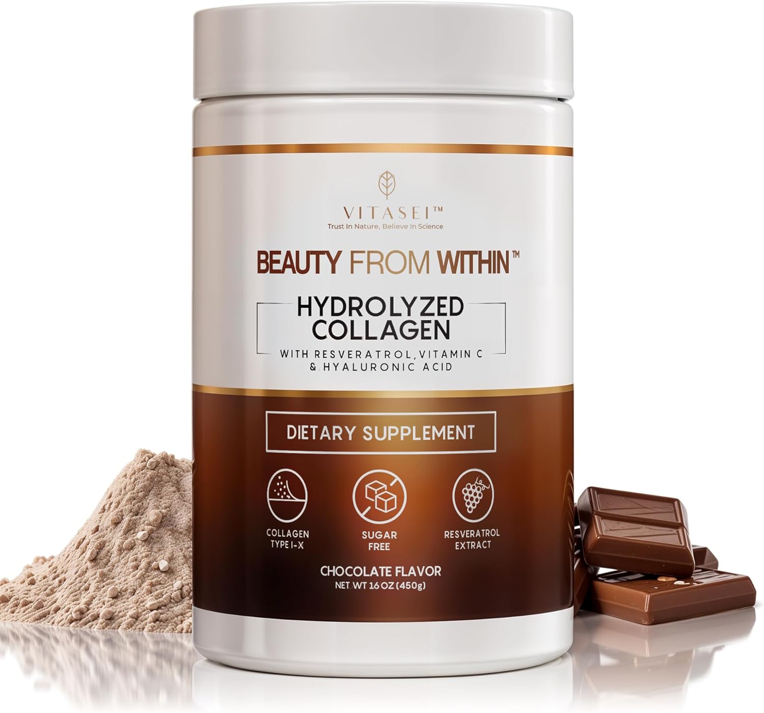 Hydrolyzed Collagen Peptides Powder with Vitamin C, Resveratrol, and Chocolate Flavor - Hair, Skin, Nails, Bone, and Joint Supplement for Women & Men - 16 oz