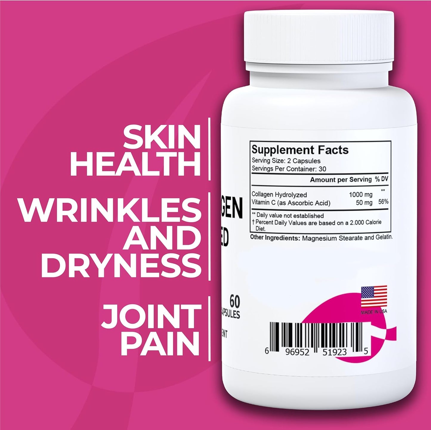 Hydrolyzed Collagen Pills with Vitamin C for Skin, Wrinkles, Anti-Aging, Hair, Nails, Joints - 1000mg 60 Capsules