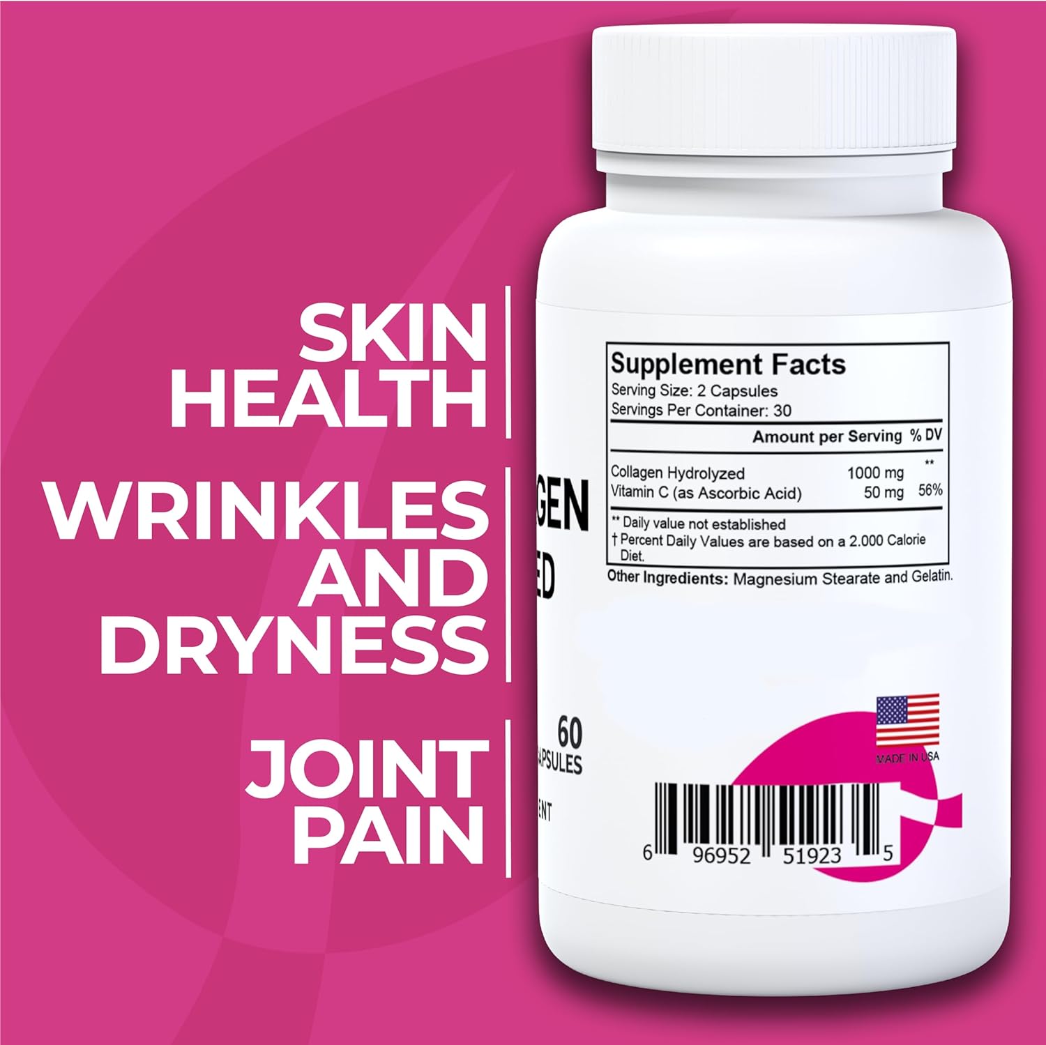 Hydrolyzed Collagen Pills with Vitamin C for Skin, Wrinkles, Anti-Aging, Hair, Nails, Joints - 1000mg 60 Capsules