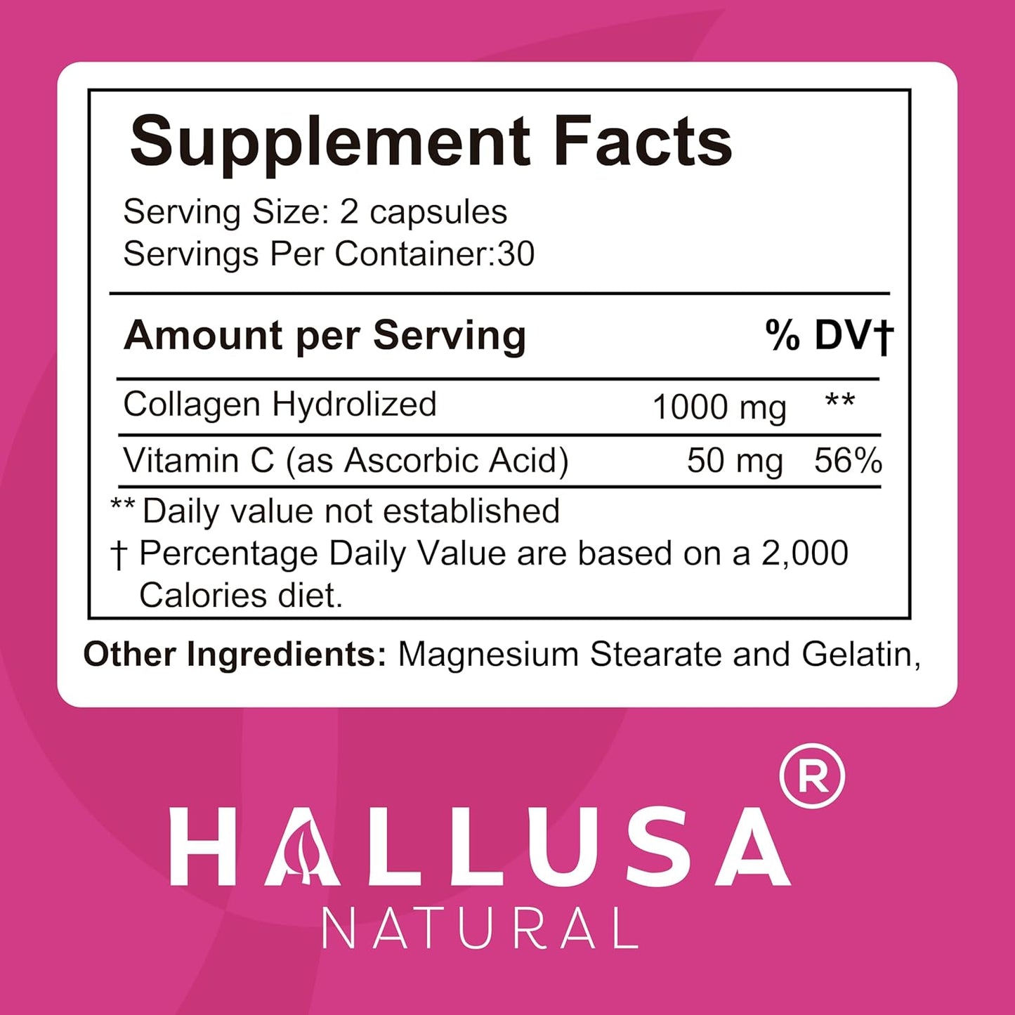 Hydrolyzed Collagen Pills with Vitamin C for Skin, Wrinkles, Anti-Aging, Hair, Nails, Joints - 1000mg 60 Capsules
