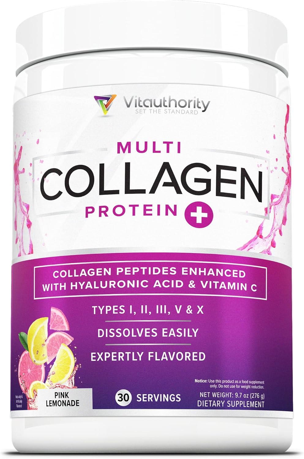 Hydrolyzed Collagen Powder Drink Mix with Hyaluronic Acid and Vitamin C for Hair, Skin, and Nails - Grass Fed Multi Collagen Peptides Powder for Women and Men
