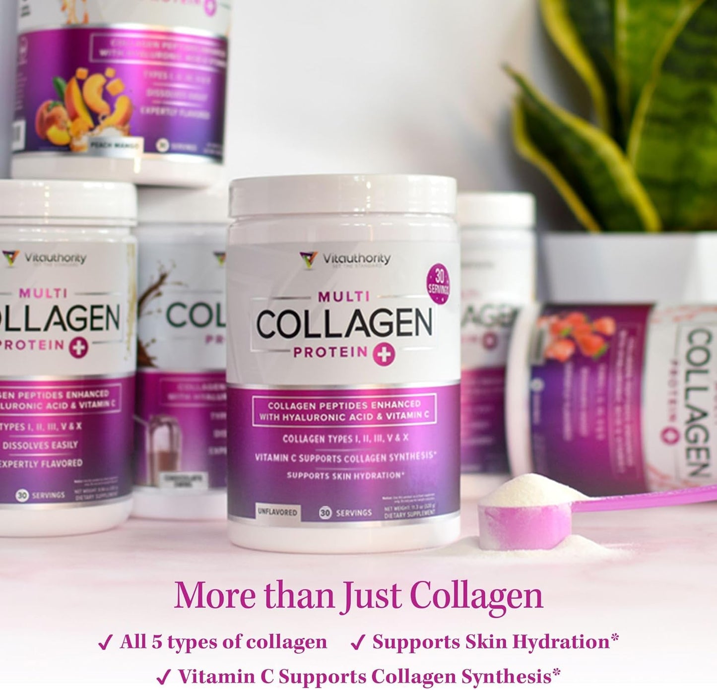 Hydrolyzed Collagen Powder Drink Mix with Hyaluronic Acid and Vitamin C for Hair, Skin, and Nails - Grass Fed Multi Collagen Peptides Powder for Women and Men