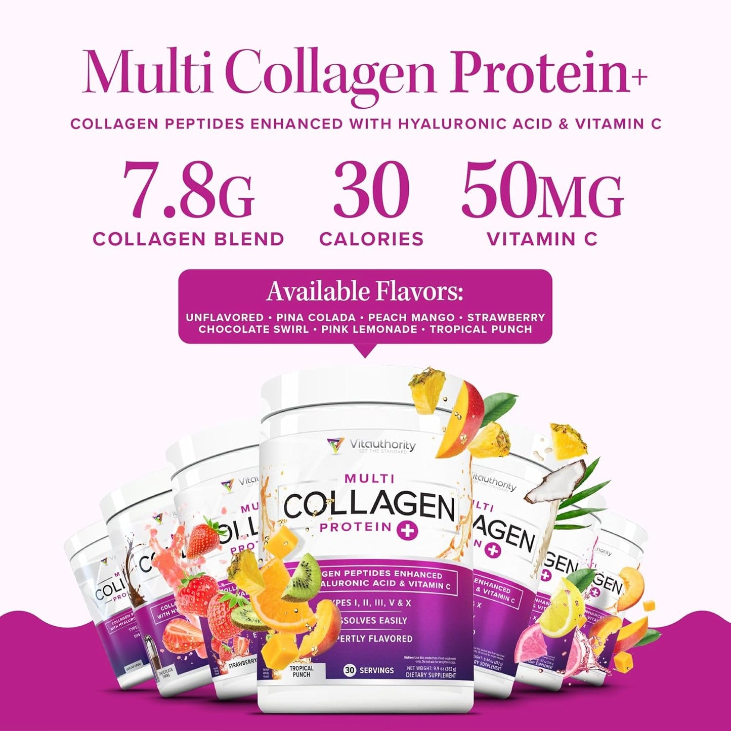 Hydrolyzed Collagen Powder Drink Mix with Hyaluronic Acid and Vitamin C for Hair, Skin, and Nails - Grass Fed Multi Collagen Peptides Powder for Women and Men