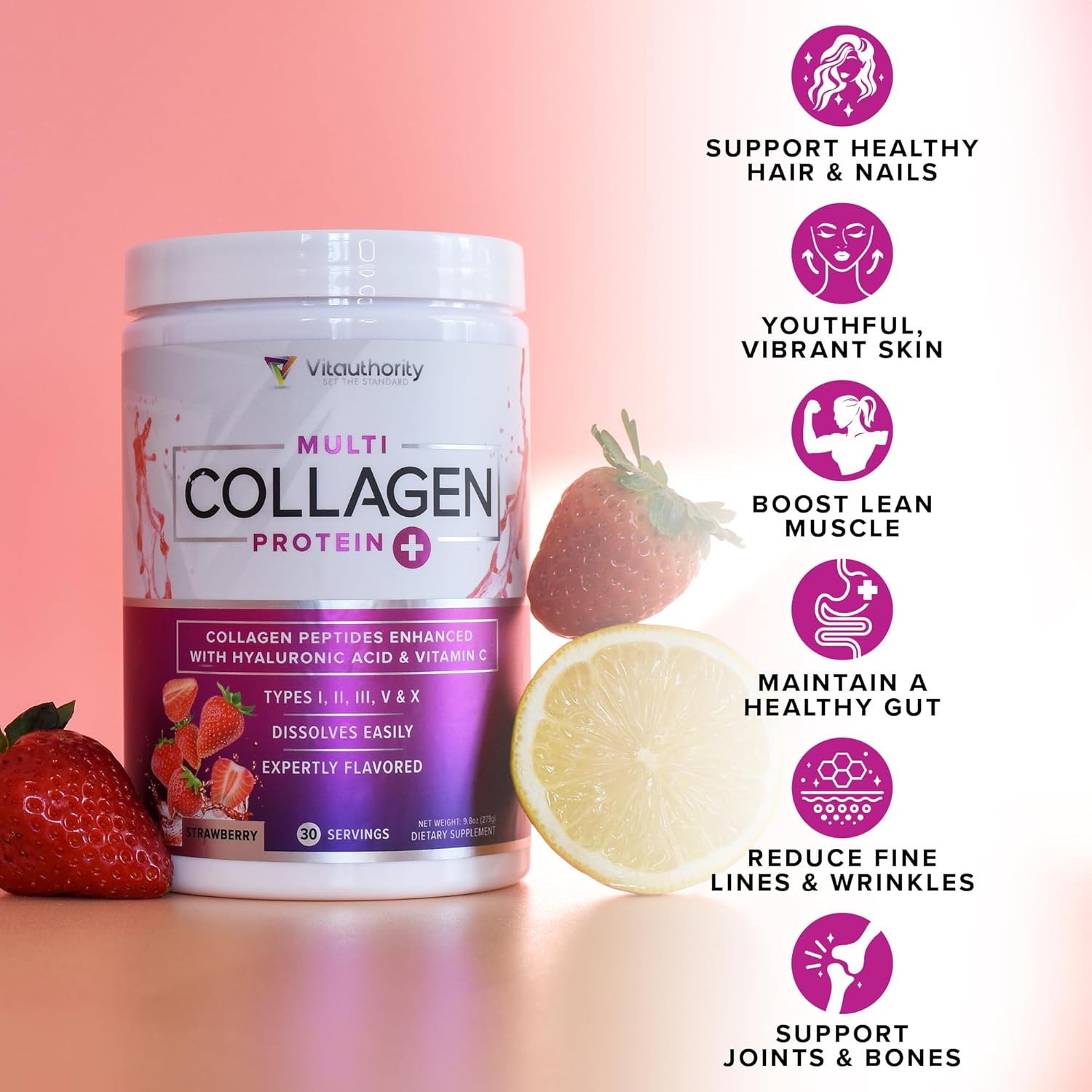 Hydrolyzed Collagen Powder Drink Mix with Hyaluronic Acid and Vitamin C for Hair, Skin, and Nails - Grass Fed Multi Collagen Peptides Powder for Women and Men