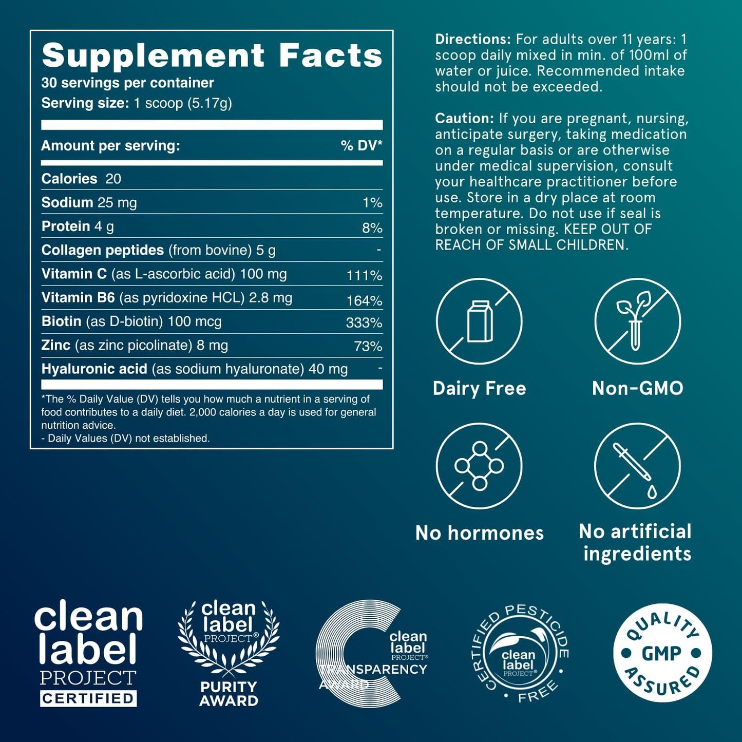 Hydrolyzed Collagen Powder Supplement for Skin, Hair & Nails - Biotin, Hyaluronic Acid, Zinc, Vitamin B & C - Unflavored Beauty Complex