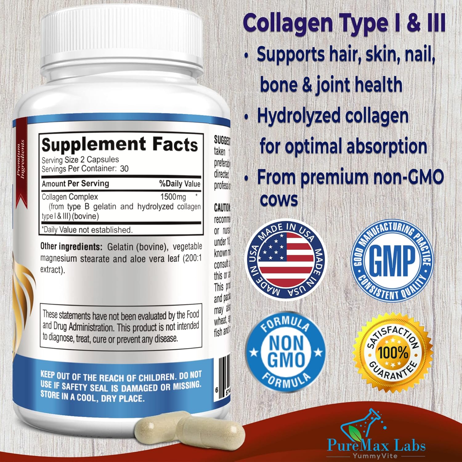 Hydrolyzed Collagen Supplement Capsules - Supports Hair, Skin, Nails, Joints - YUMMYVITE Collagen Types I & III, 60 Count