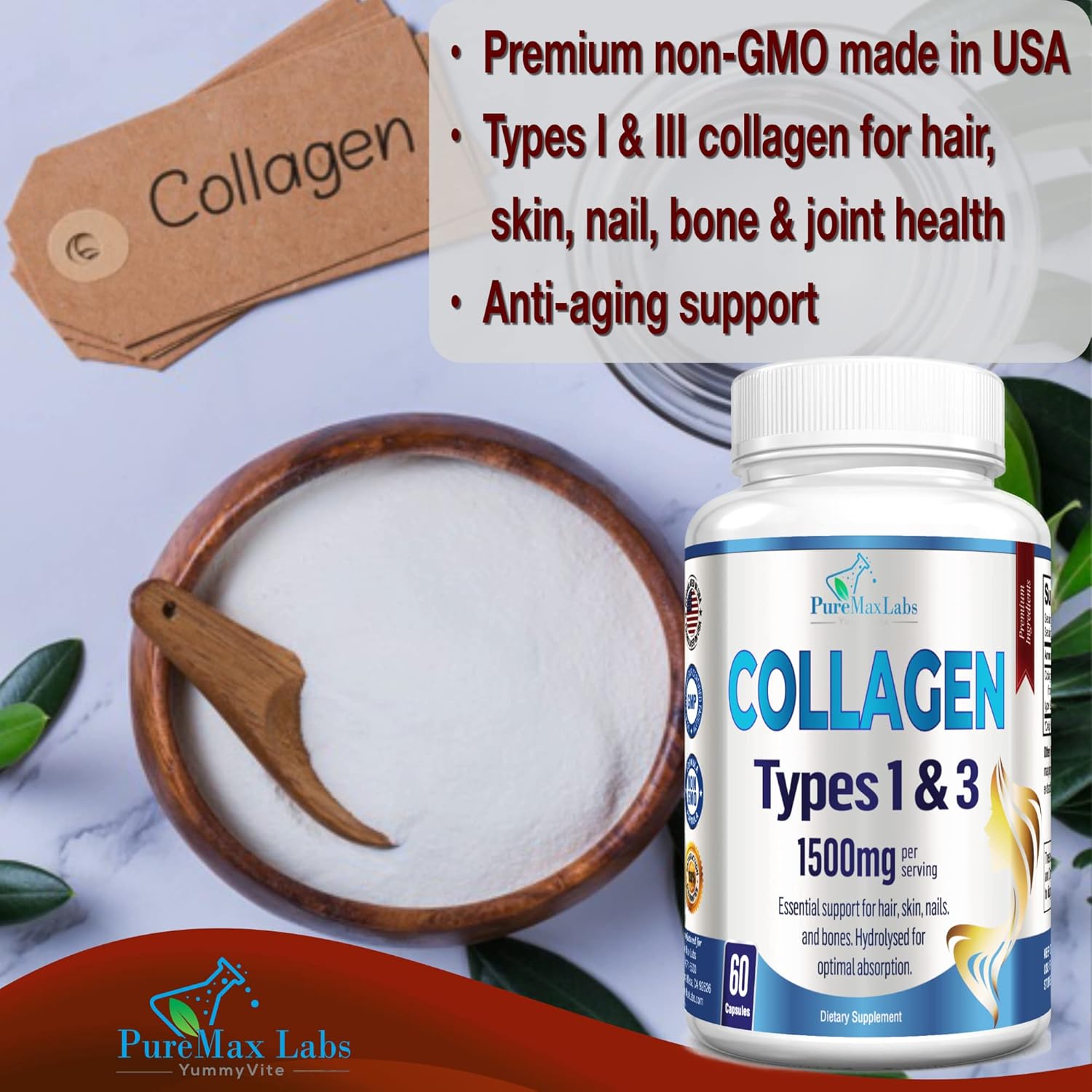 Hydrolyzed Collagen Supplement Capsules - Supports Hair, Skin, Nails, Joints - YUMMYVITE Collagen Types I & III, 60 Count