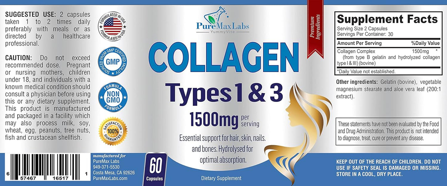 Hydrolyzed Collagen Supplement Capsules - Supports Hair, Skin, Nails, Joints - YUMMYVITE Collagen Types I & III, 60 Count