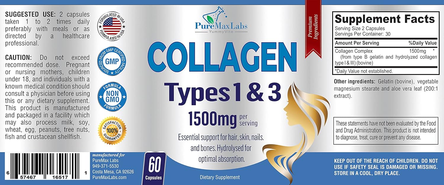 Hydrolyzed Collagen Supplement Capsules - Supports Hair, Skin, Nails, Joints - YUMMYVITE Collagen Types I & III, 60 Count