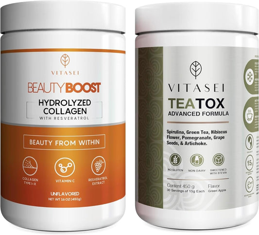 Hydrolyzed Collagen & Teatox Wellness Bundle for Hair, Skin, Nails & Digestion Boost - Men & Women Support