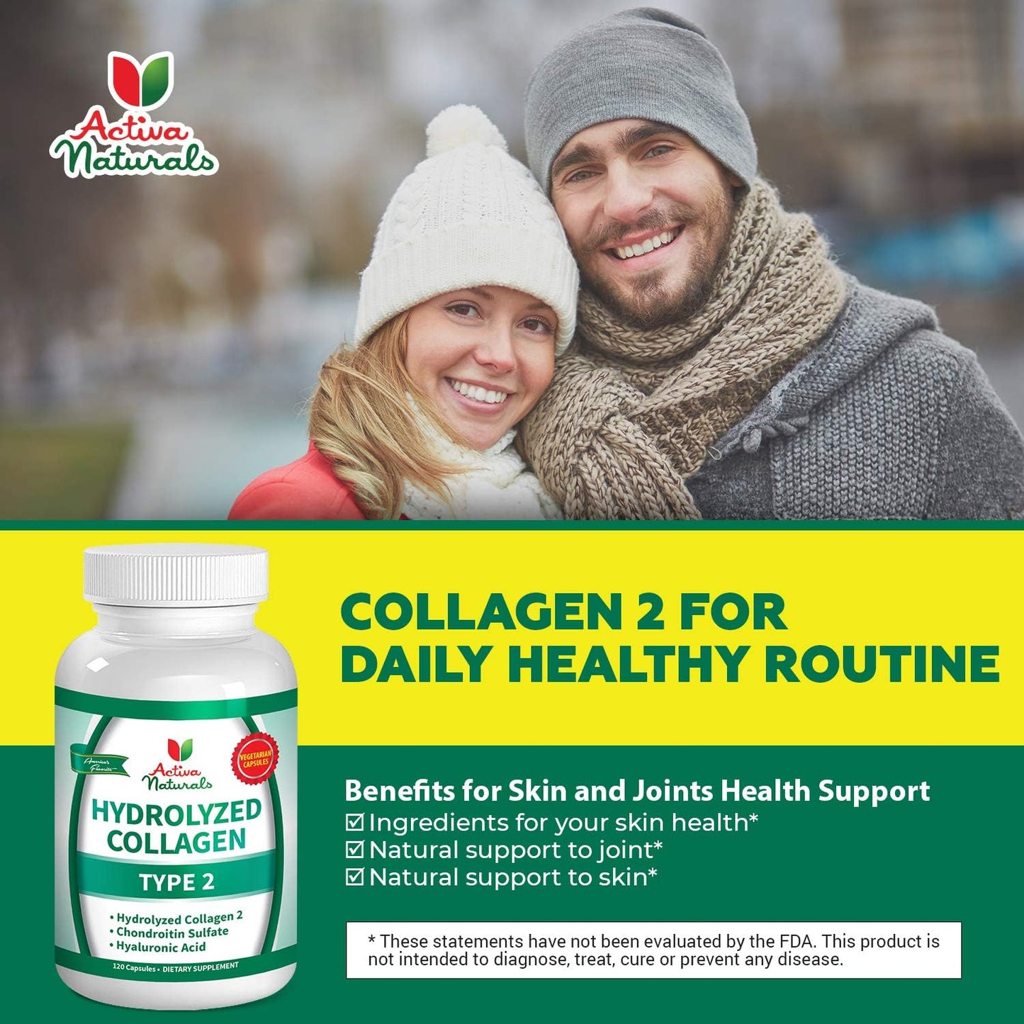 Hydrolyzed Collagen Type 2 Supplement with Chondroitin and Hyaluronic Acid - 120 Vegan Capsules by Activa Naturals