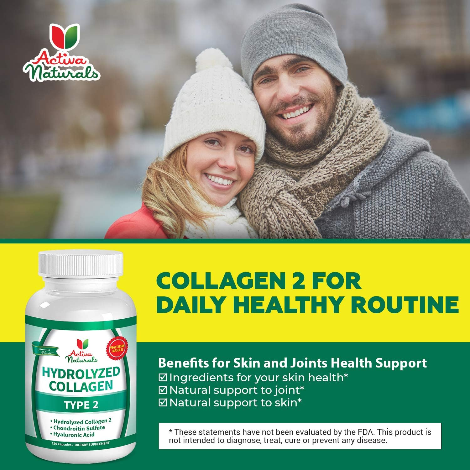 Hydrolyzed Collagen Type 2 Supplement with Chondroitin and Hyaluronic Acid - 120 Vegan Capsules by Activa Naturals