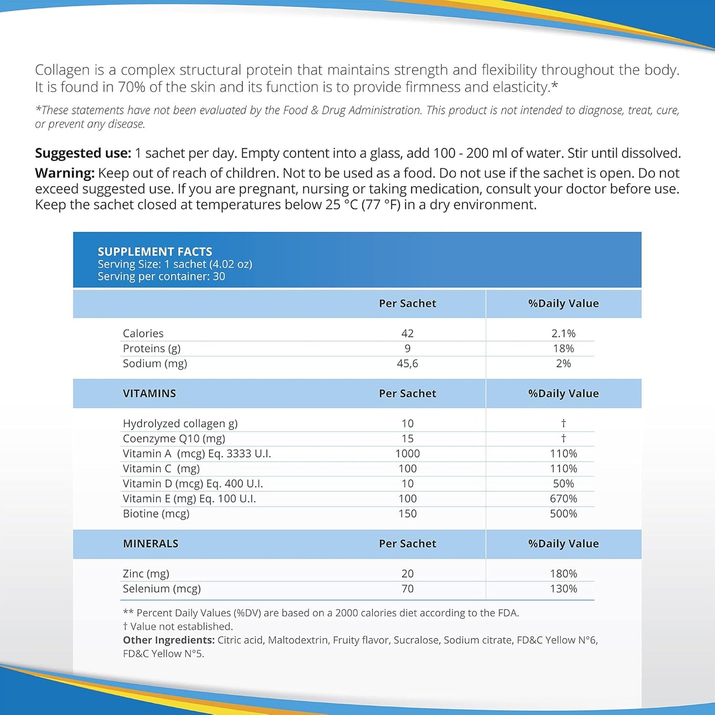 Hydrolyzed Collagen with CoQ10, Vitamins, Zinc, and Antioxidants - 30 Sachets, 4.2 Ounce Pack