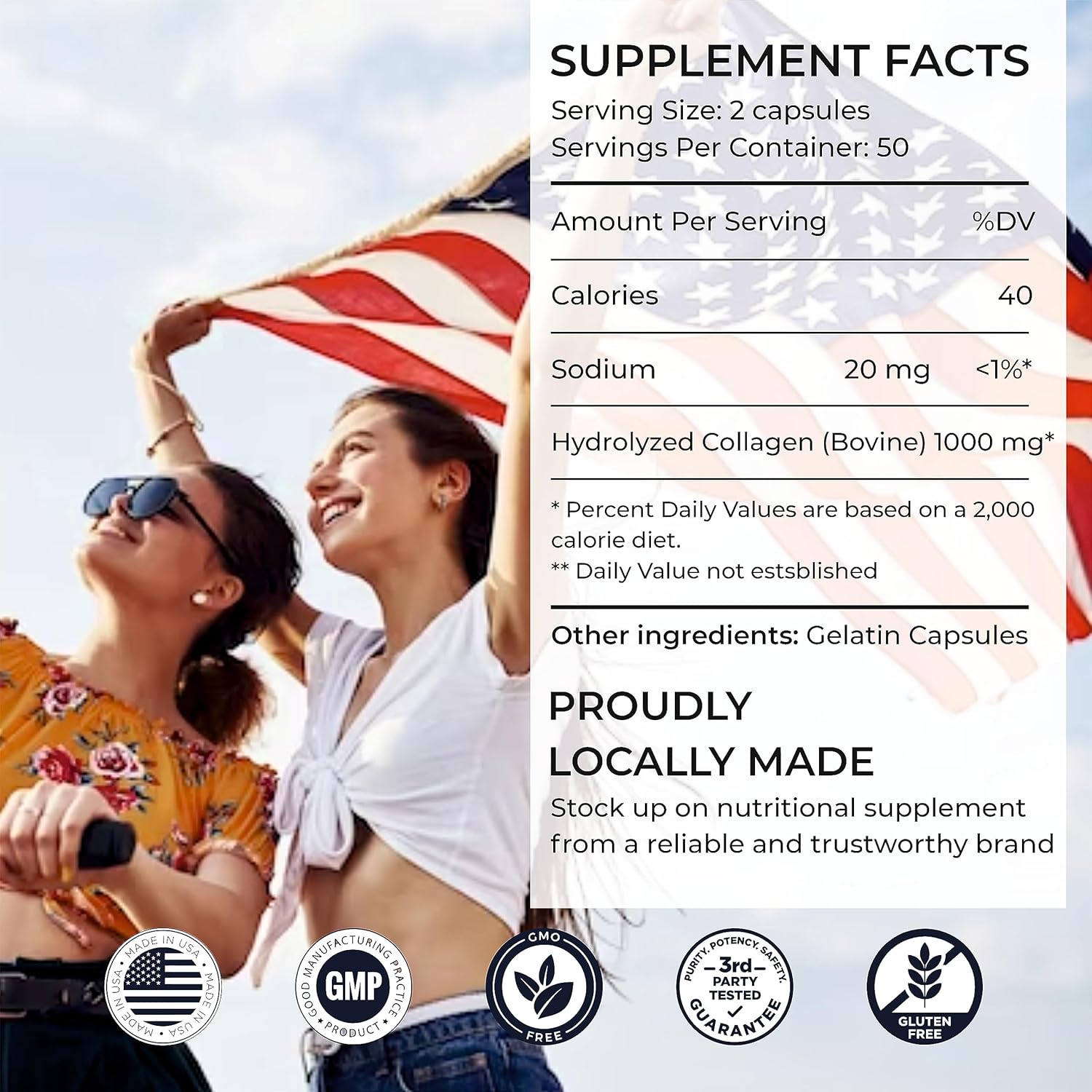 Hydrolyzed Grass Fed Bovine Collagen Peptides Supplement for Joint, Nerve & Bone Support - Non-GMO - 100 Capsules for Men and Women