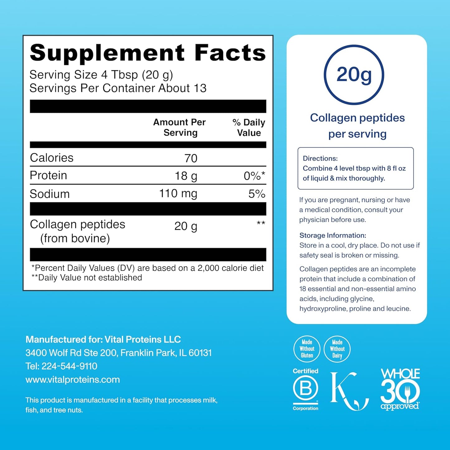 Hydrolyzed Grass Fed Collagen Peptides Powder for Hair, Skin, Nails, Bones, & Joints - Unflavored Zero Sugar Supplement 9.33oz